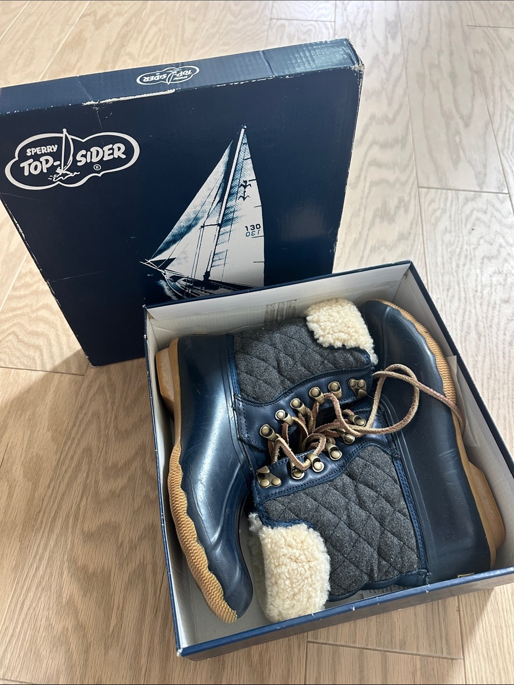Sperry Top-Slider x J Crew Quilted Navy & Gray Shearling-Lined Duck Boots
